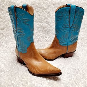 New Teal & Brown Embossed Leather Cowboy Boots